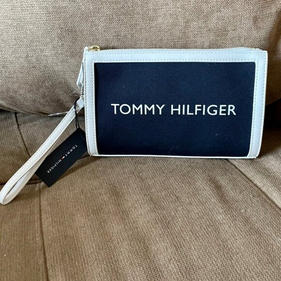 TOMMY HILFIGER WRISTLET CLUTCH BAG NAVY WHITE - Picture 5 of 7